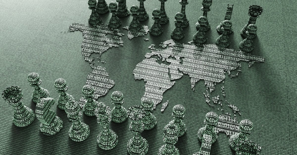 Chess pieces arranged over a world map made of binary code, symbolizing global strategy, data, and digital competition.